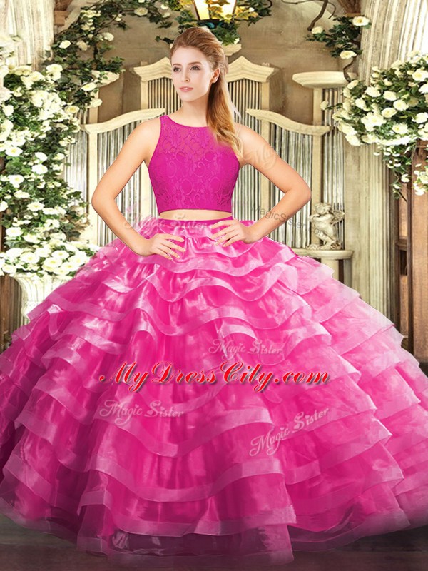 High End Fuchsia Scoop Neckline Lace and Ruffled Layers 15 Quinceanera Dress Sleeveless Zipper