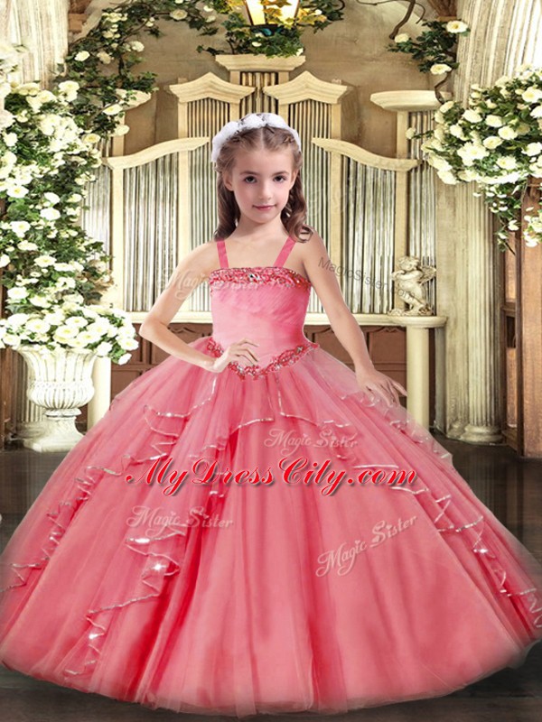 Watermelon Red Organza Lace Up Pageant Dress for Womens Sleeveless Floor Length Appliques and Ruffles