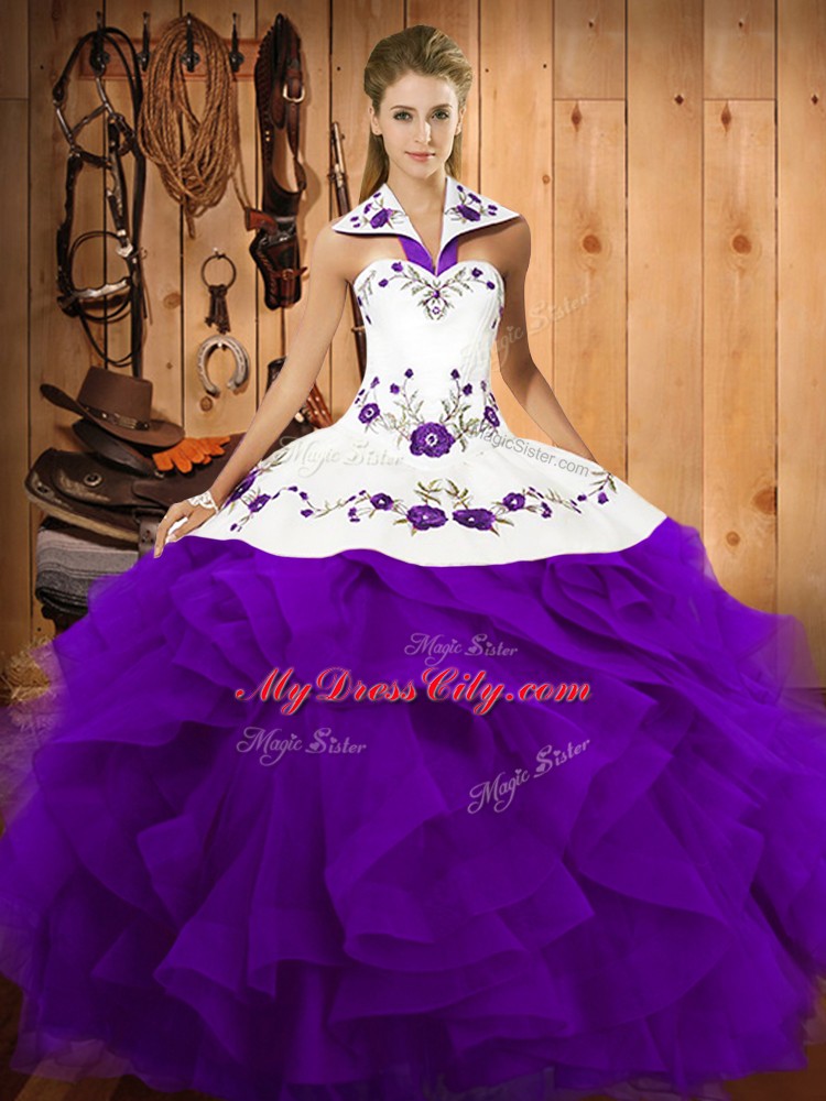 Customized Purple Ball Gowns Tulle Halter Top Sleeveless Embroidery and Ruffles Floor Length Lace Up Sweet 16 Dresses