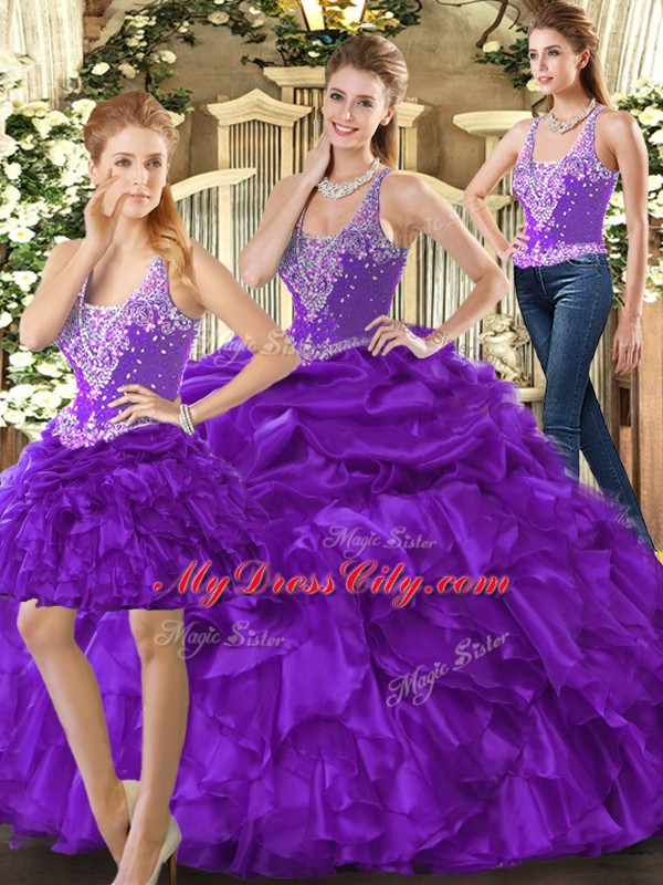 Comfortable Purple Straps Neckline Beading and Ruffles Sweet 16 Dress Sleeveless Lace Up