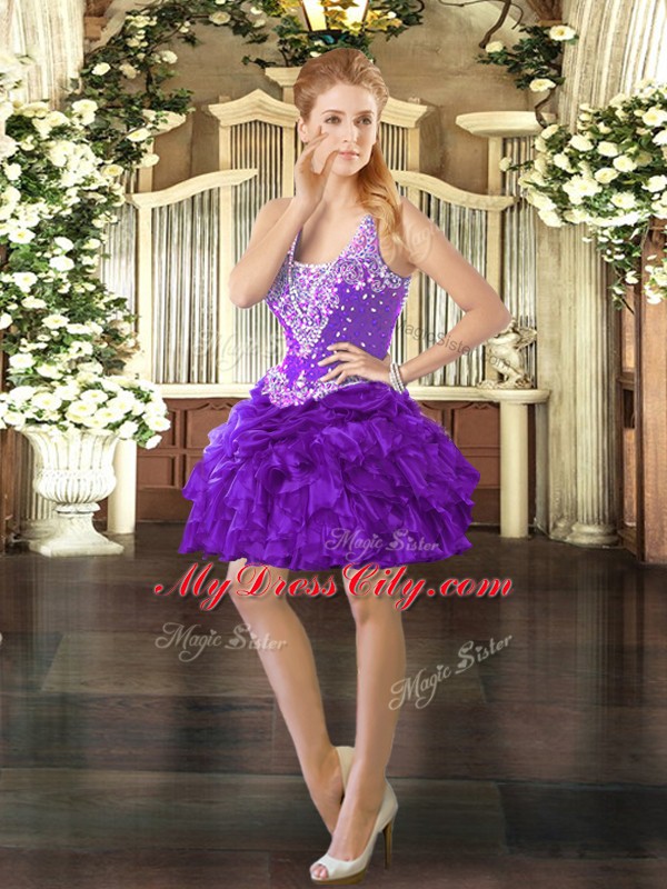 Comfortable Purple Straps Neckline Beading and Ruffles Sweet 16 Dress Sleeveless Lace Up