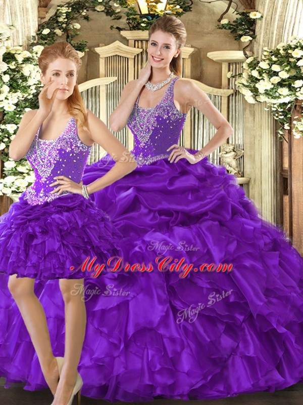 Comfortable Purple Straps Neckline Beading and Ruffles Sweet 16 Dress Sleeveless Lace Up