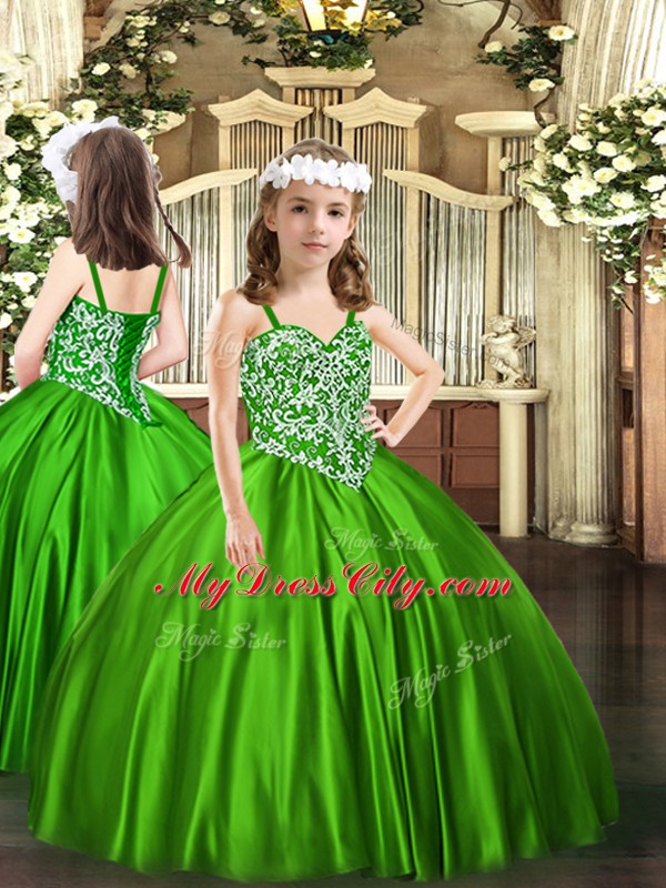 Popular Satin Straps Sleeveless Lace Up Beading Kids Pageant Dress in Green