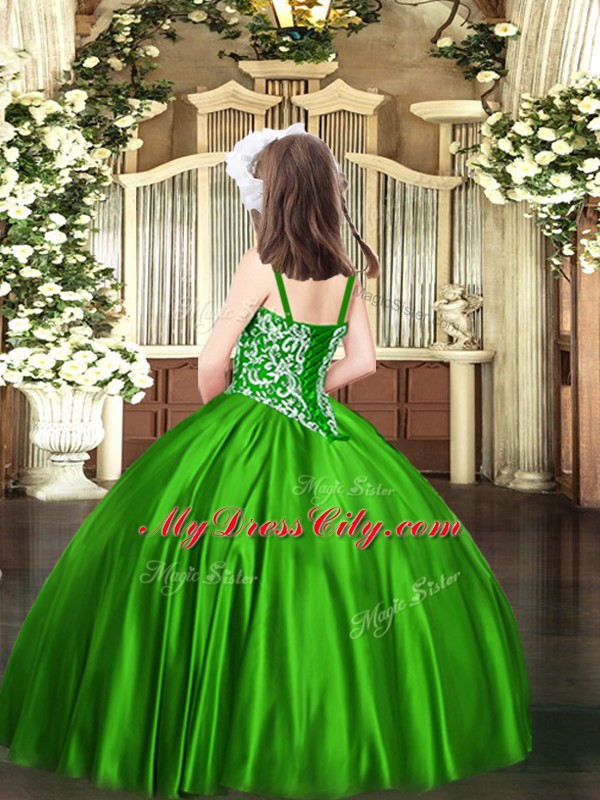 Popular Satin Straps Sleeveless Lace Up Beading Kids Pageant Dress in Green