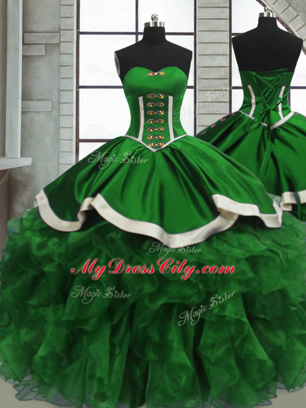 Customized Green Sleeveless Satin and Organza Lace Up Sweet 16 Quinceanera Dress for Sweet 16 and Quinceanera