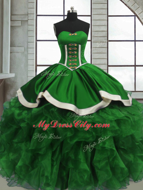 Customized Green Sleeveless Satin and Organza Lace Up Sweet 16 Quinceanera Dress for Sweet 16 and Quinceanera