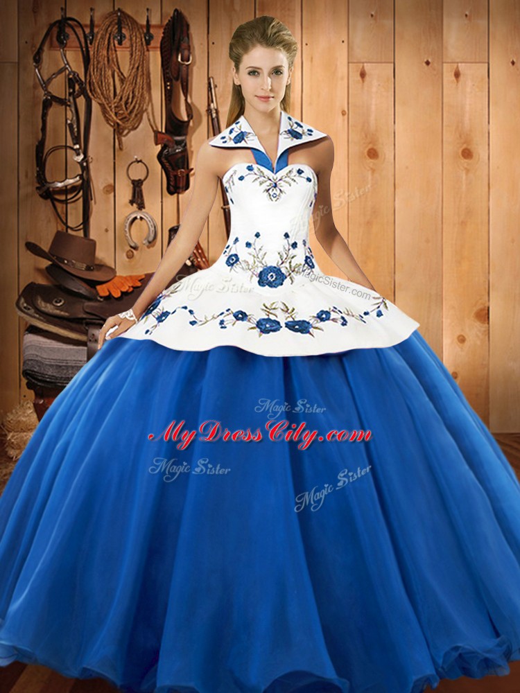 Beautiful Halter Top Sleeveless Satin and Tulle Vestidos de Quinceanera Embroidery Lace Up