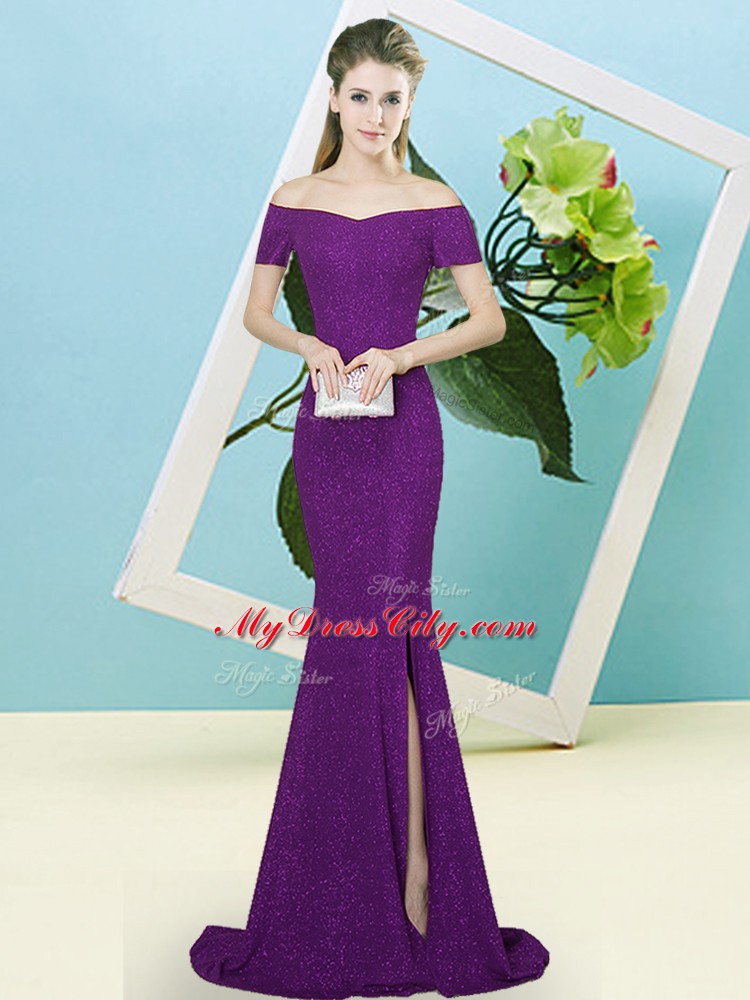 Glittering Dark Purple Mermaid Off The Shoulder Short Sleeves Sequined Sweep Train Zipper Sequins Prom Evening Gown