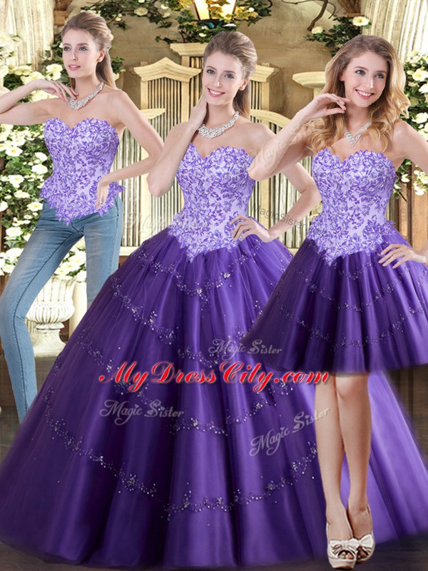 New Arrival Purple Tulle Lace Up Quinceanera Dress Sleeveless Floor Length Beading