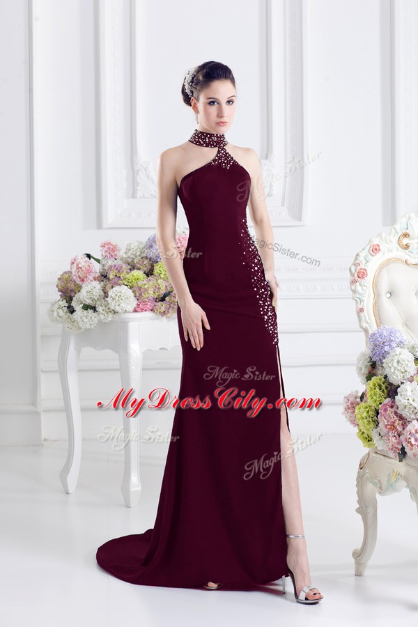 Custom Design Burgundy Halter Top Lace Up Beading Prom Party Dress Sweep Train Sleeveless