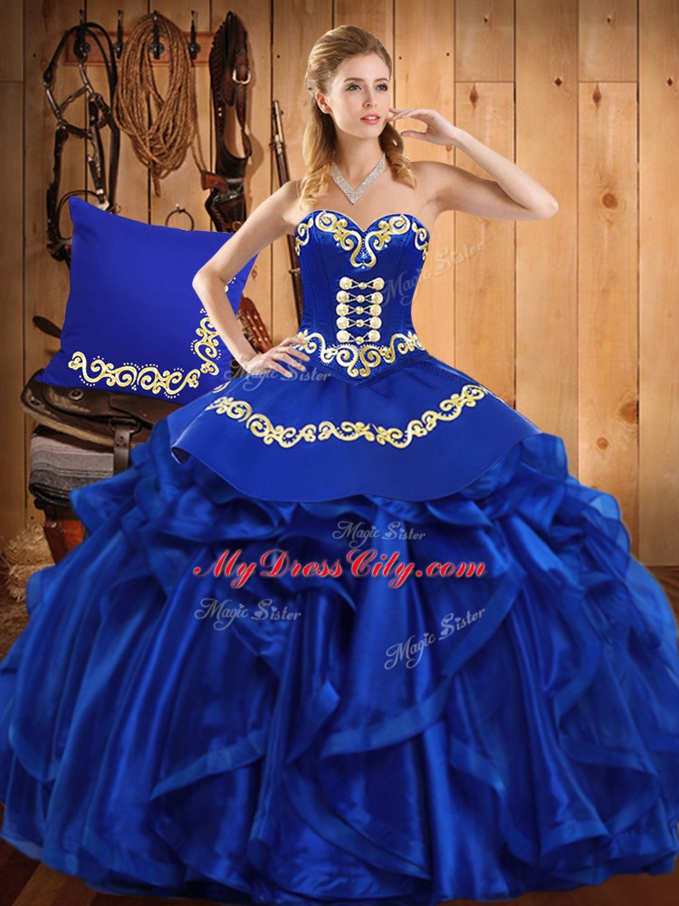 Latest Royal Blue Sweetheart Neckline Embroidery and Ruffles Quinceanera Gown Sleeveless Lace Up