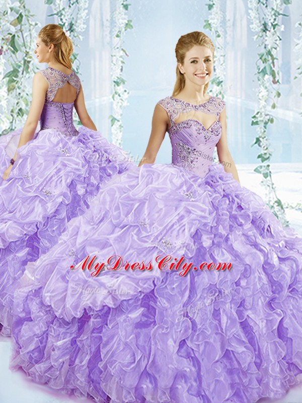 Sleeveless Brush Train Lace Up Beading and Pick Ups 15 Quinceanera Dress