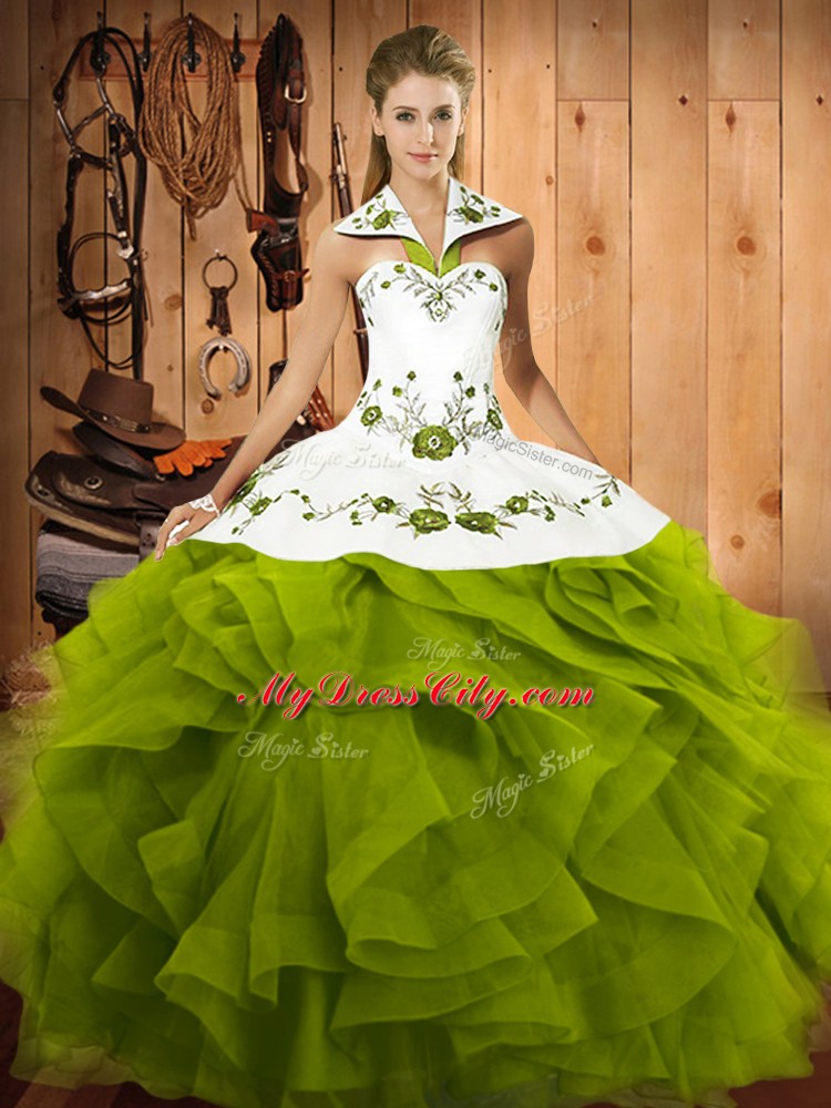 Amazing Olive Green Sleeveless Embroidery and Ruffles Floor Length 15th Birthday Dress