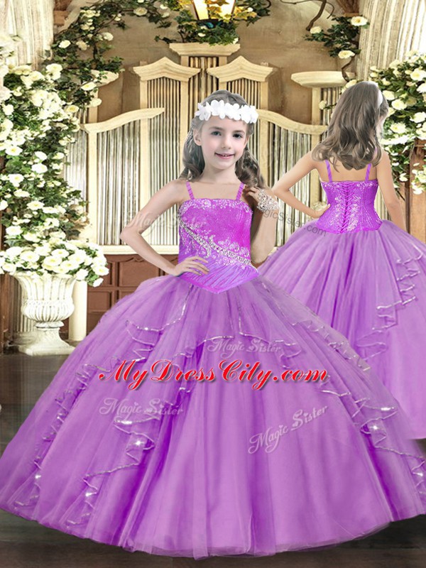 Lilac Tulle Lace Up Child Pageant Dress Sleeveless Floor Length Ruffles and Sequins