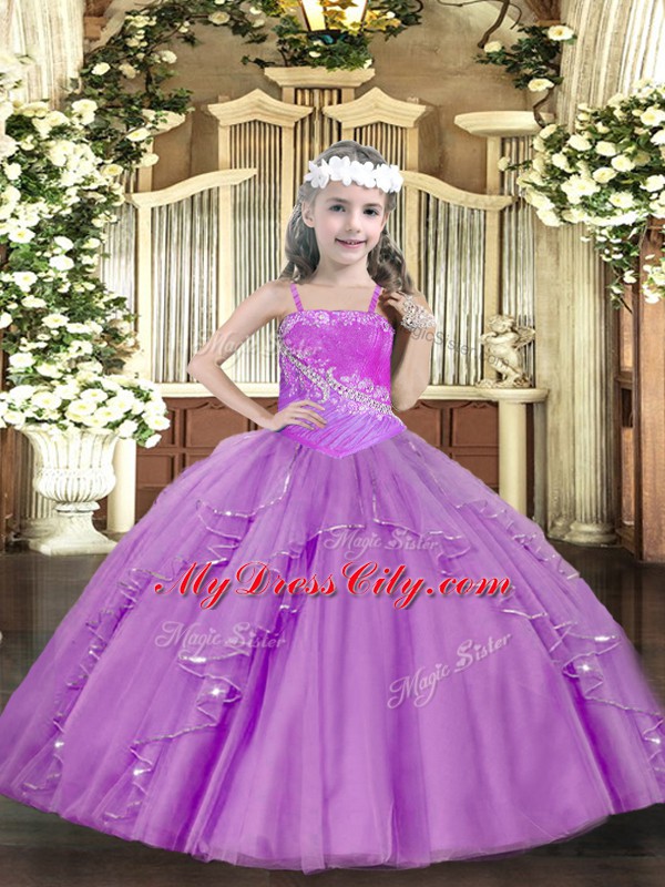 Lilac Tulle Lace Up Child Pageant Dress Sleeveless Floor Length Ruffles and Sequins