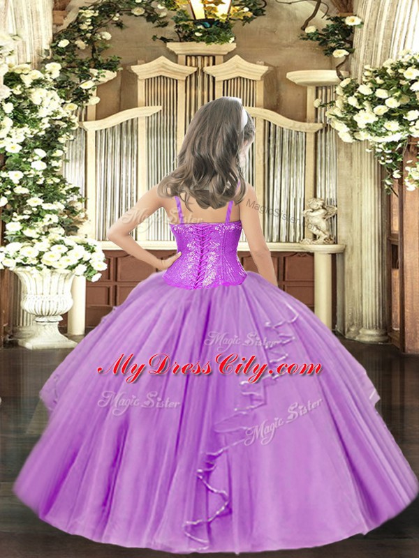 Lilac Tulle Lace Up Child Pageant Dress Sleeveless Floor Length Ruffles and Sequins