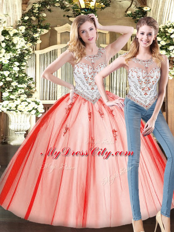 Custom Design Red Tulle Zipper Scoop Sleeveless Floor Length Quinceanera Dresses Beading