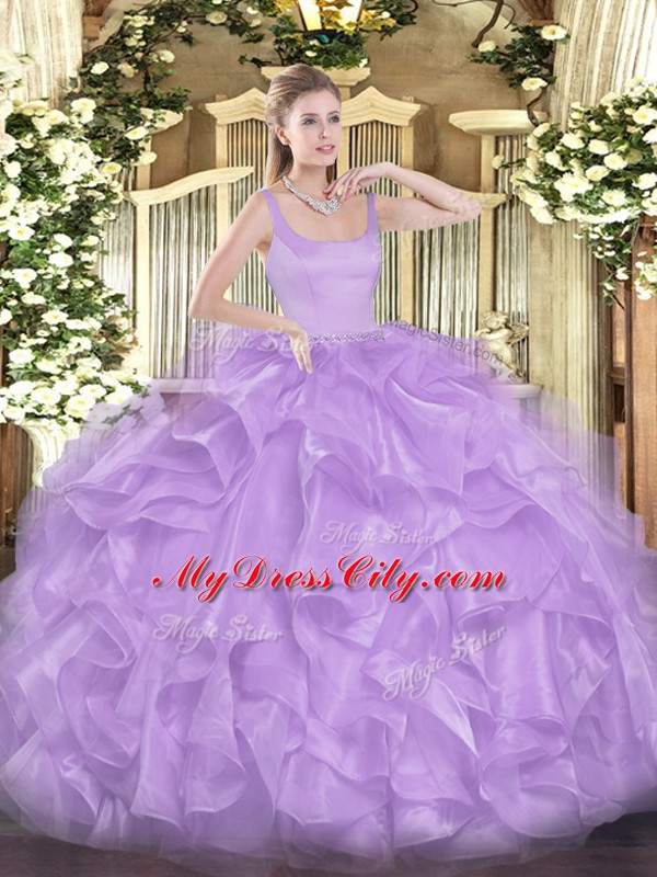 Lavender Organza Zipper Quinceanera Dresses Sleeveless Floor Length Beading and Ruffles