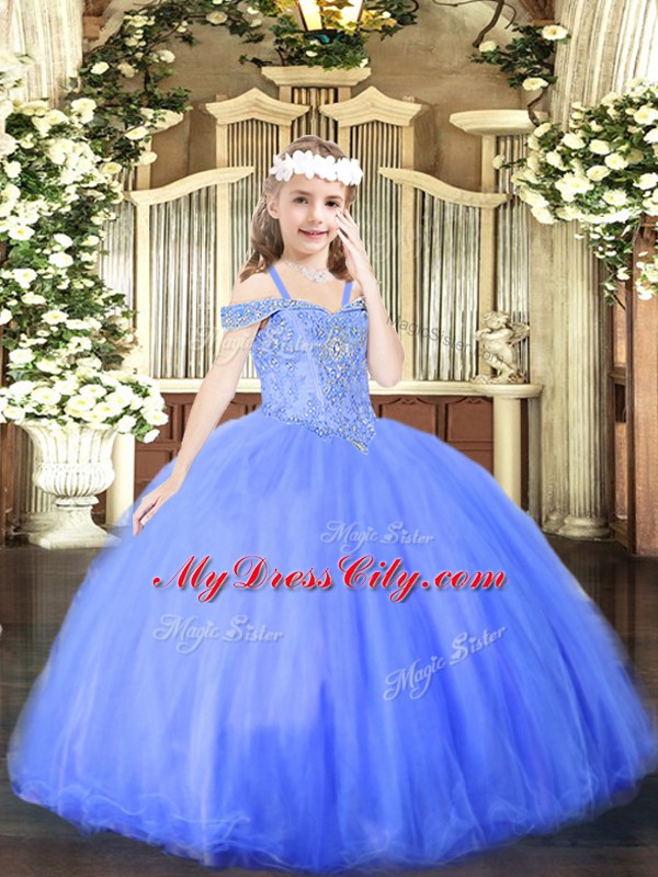 Hot Sale Blue Ball Gowns Beading Kids Formal Wear Lace Up Tulle Sleeveless Floor Length