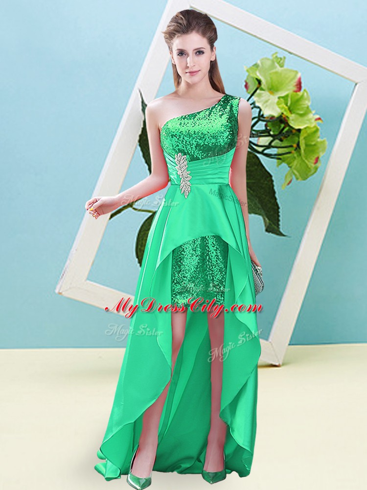 Sleeveless Elastic Woven Satin and Sequined High Low Lace Up Prom Evening Gown in Turquoise with Beading and Sequins