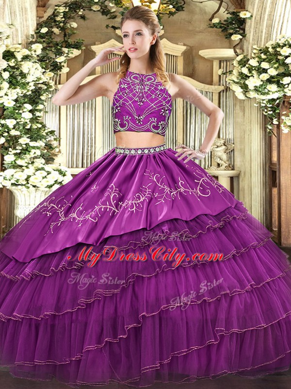 Purple Sleeveless Floor Length Beading and Embroidery and Ruffled Layers Zipper Vestidos de Quinceanera