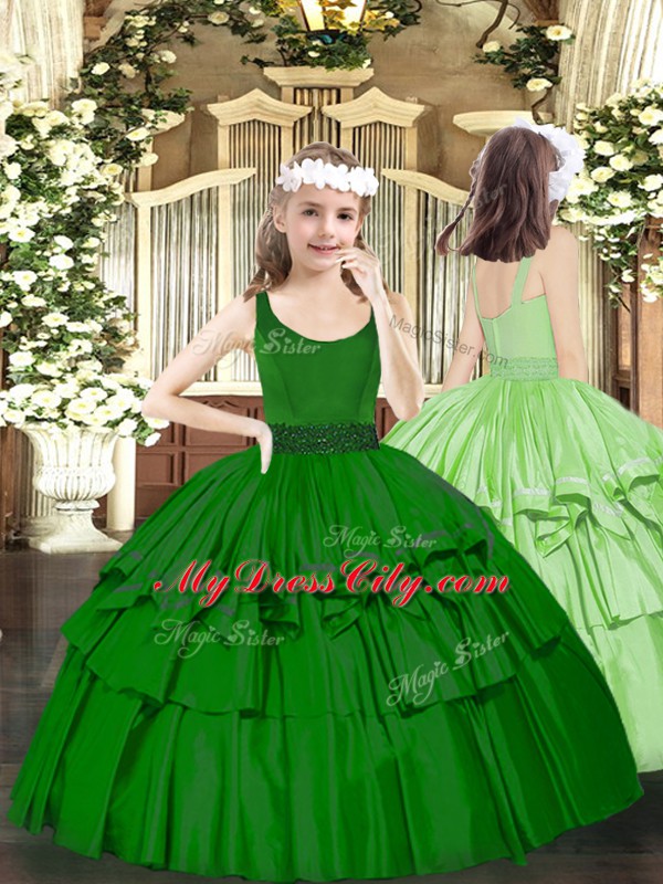 Excellent Dark Green Organza Zipper Little Girls Pageant Dress Sleeveless Floor Length Beading