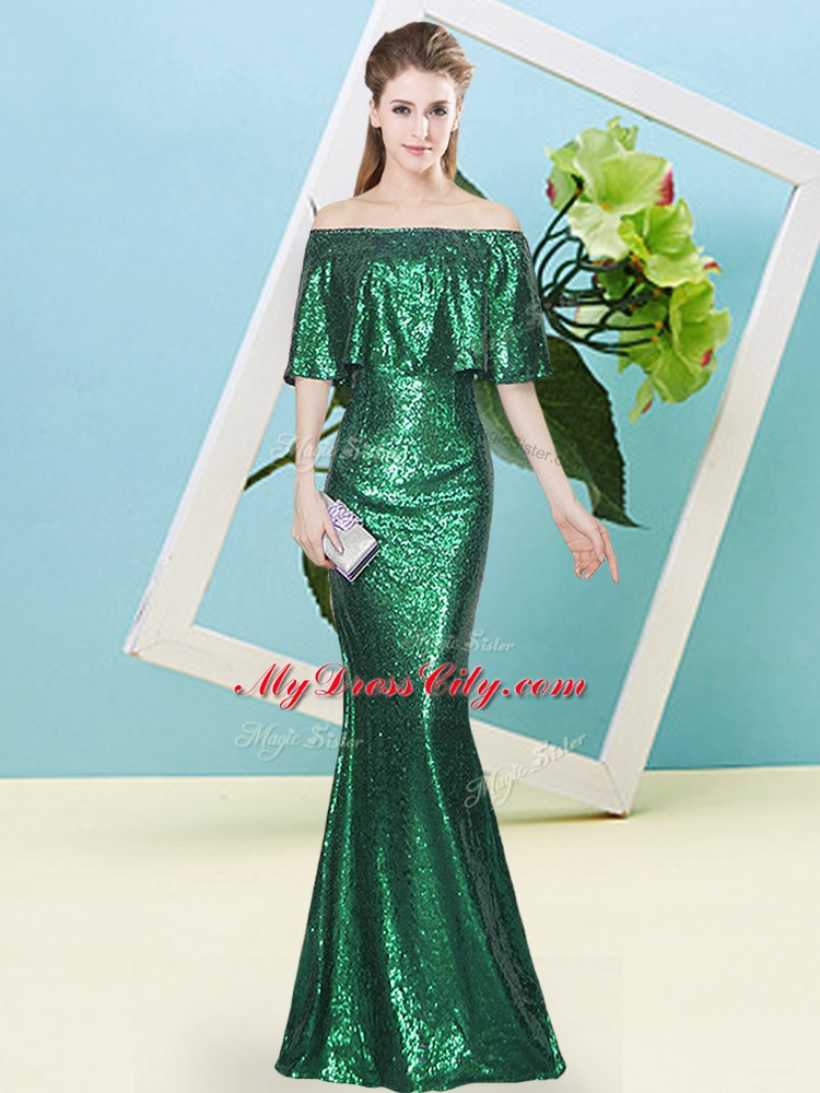 Fine Half Sleeves Floor Length Sequins Zipper Dress for Prom with Dark Green