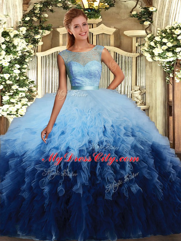 Multi-color Sleeveless Beading and Ruffles Floor Length Quinceanera Dress