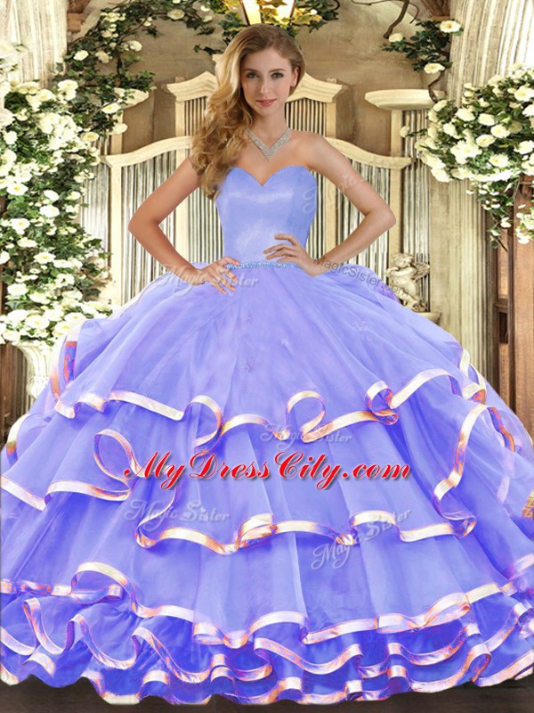 Custom Designed Lavender Sweetheart Lace Up Ruffled Layers Quinceanera Gown Sleeveless