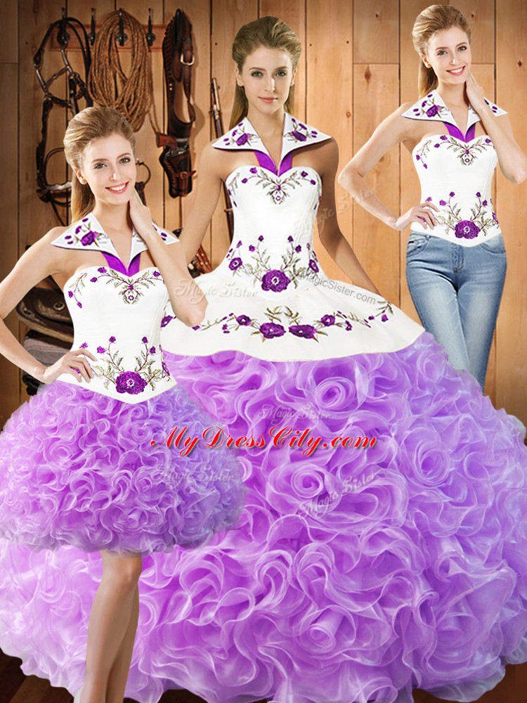 Top Selling Lilac Three Pieces Embroidery Sweet 16 Dresses Lace Up Fabric With Rolling Flowers Sleeveless Floor Length