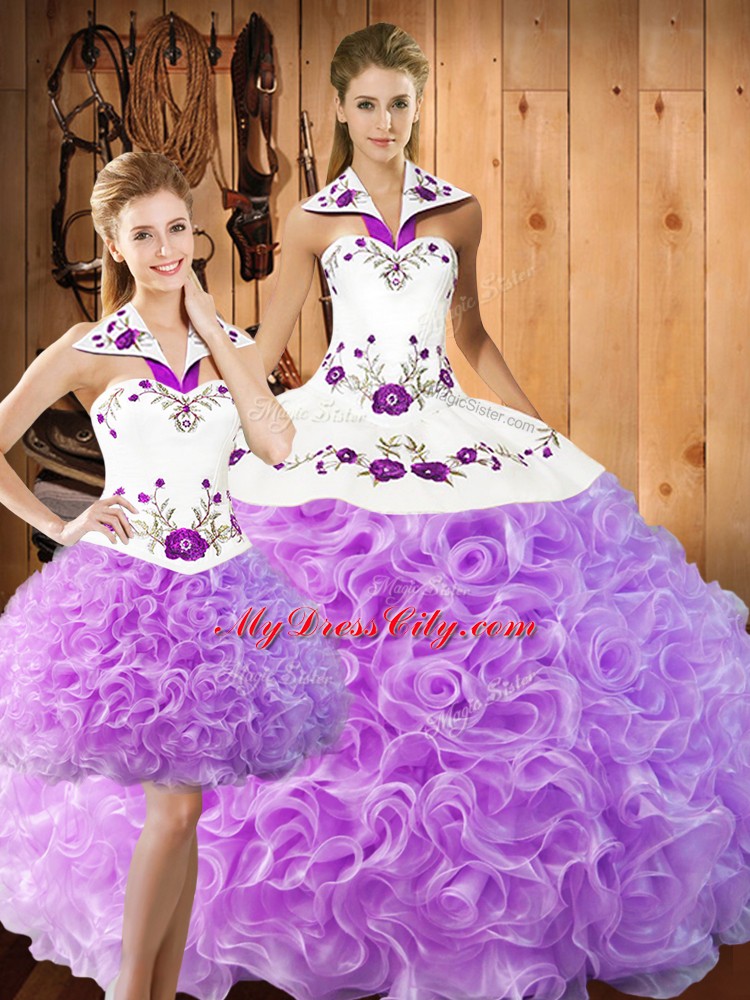 Top Selling Lilac Three Pieces Embroidery Sweet 16 Dresses Lace Up Fabric With Rolling Flowers Sleeveless Floor Length