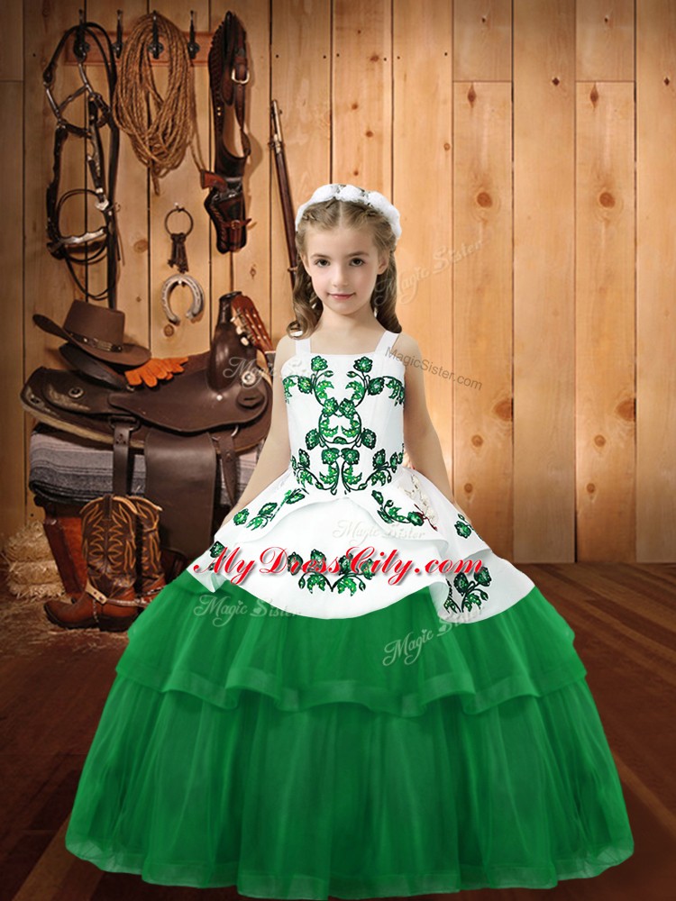 Unique Sleeveless Lace Up Floor Length Embroidery Kids Formal Wear