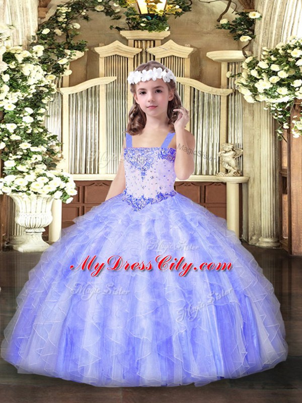 Custom Fit Floor Length Lace Up Little Girls Pageant Dress Wholesale Lavender for Party and Quinceanera with Beading and Ruffles