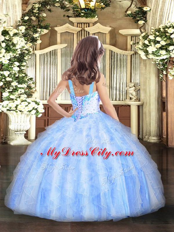 Custom Fit Floor Length Lace Up Little Girls Pageant Dress Wholesale Lavender for Party and Quinceanera with Beading and Ruffles