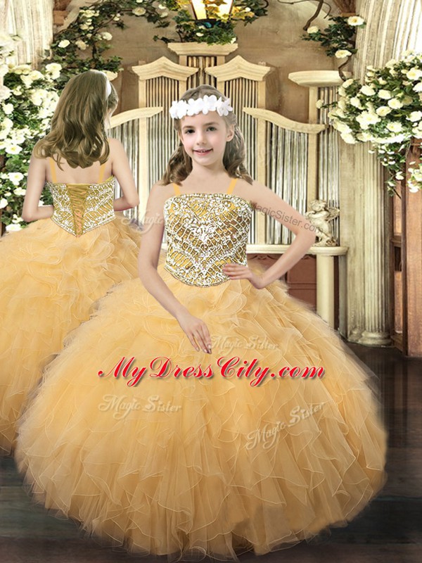 Perfect Gold Organza Lace Up Straps Sleeveless Floor Length Little Girls Pageant Gowns Beading and Ruffles