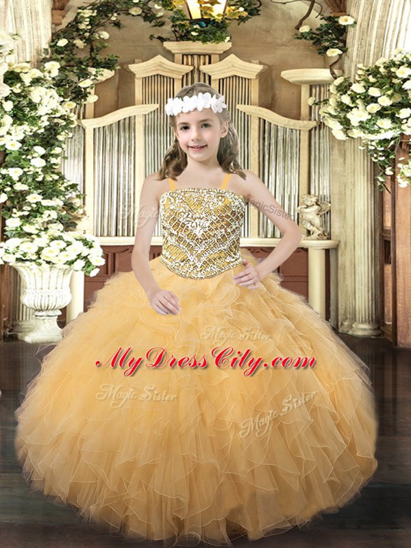 Perfect Gold Organza Lace Up Straps Sleeveless Floor Length Little Girls Pageant Gowns Beading and Ruffles