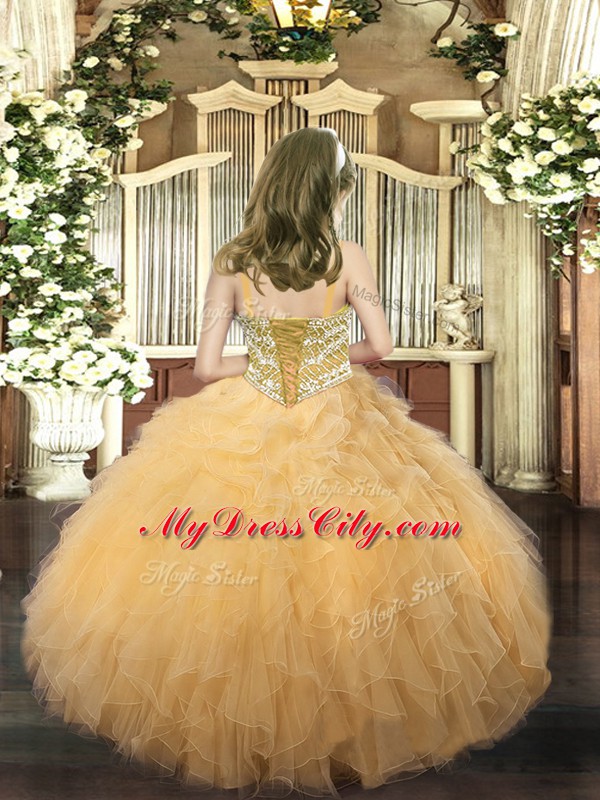 Perfect Gold Organza Lace Up Straps Sleeveless Floor Length Little Girls Pageant Gowns Beading and Ruffles