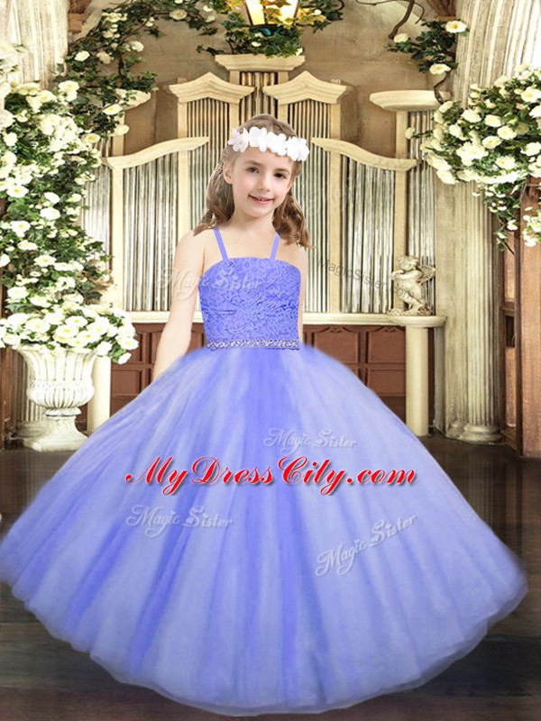 Exquisite Lavender Tulle Zipper Little Girls Pageant Dress Wholesale Sleeveless Floor Length Beading and Lace