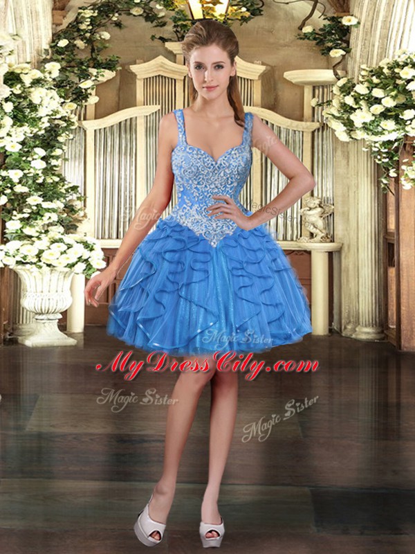 Eye-catching Tulle Sleeveless Mini Length Prom Evening Gown and Beading and Ruffles