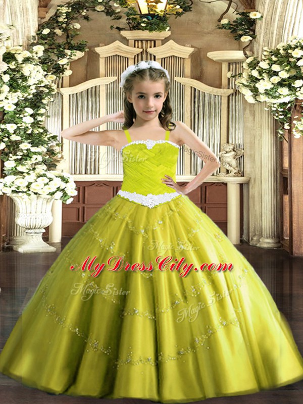 Yellow Green Ball Gowns Straps Sleeveless Tulle Floor Length Lace Up Appliques Pageant Dresses