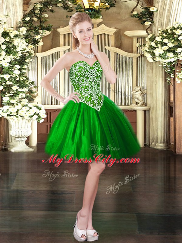 Luxurious Tulle Sweetheart Sleeveless Lace Up Beading Prom Dress in Green