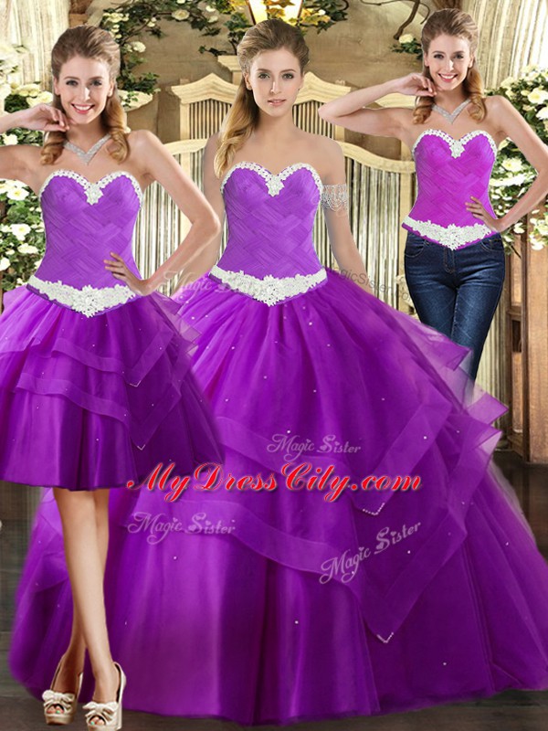 Custom Fit Purple Three Pieces Sweetheart Sleeveless Organza Floor Length Lace Up Appliques 15th Birthday Dress