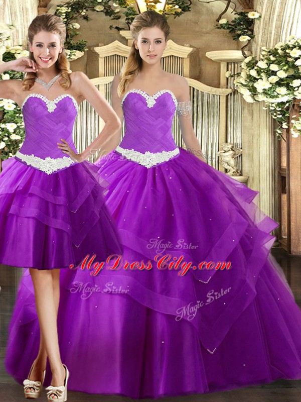 Custom Fit Purple Three Pieces Sweetheart Sleeveless Organza Floor Length Lace Up Appliques 15th Birthday Dress