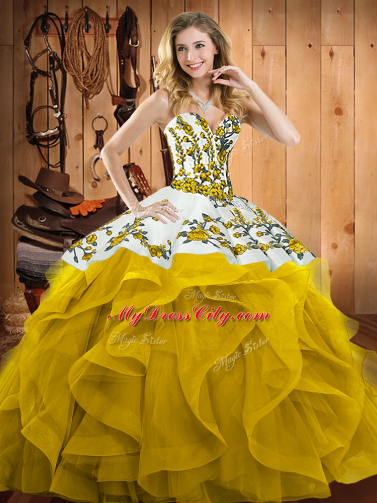 Yellow Sweetheart Neckline Embroidery and Ruffles Quinceanera Gown Sleeveless Lace Up