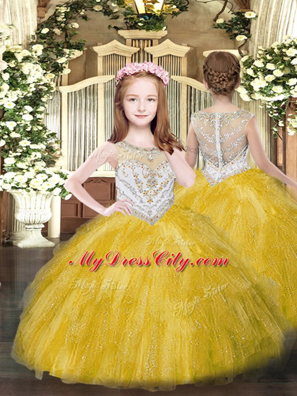 Attractive Scoop Sleeveless Quinceanera Gowns Floor Length Beading and Ruffles Gold Tulle