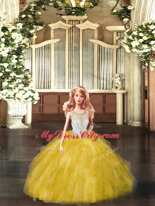 Attractive Scoop Sleeveless Quinceanera Gowns Floor Length Beading and Ruffles Gold Tulle