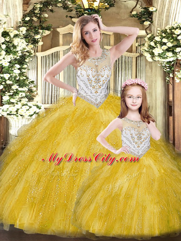 Attractive Scoop Sleeveless Quinceanera Gowns Floor Length Beading and Ruffles Gold Tulle