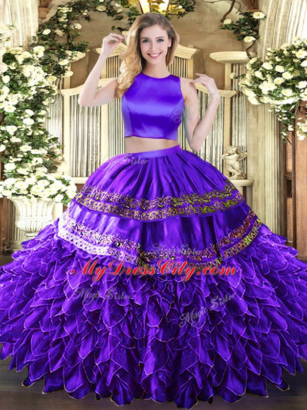 Floor Length Two Pieces Sleeveless Purple Quince Ball Gowns Criss Cross