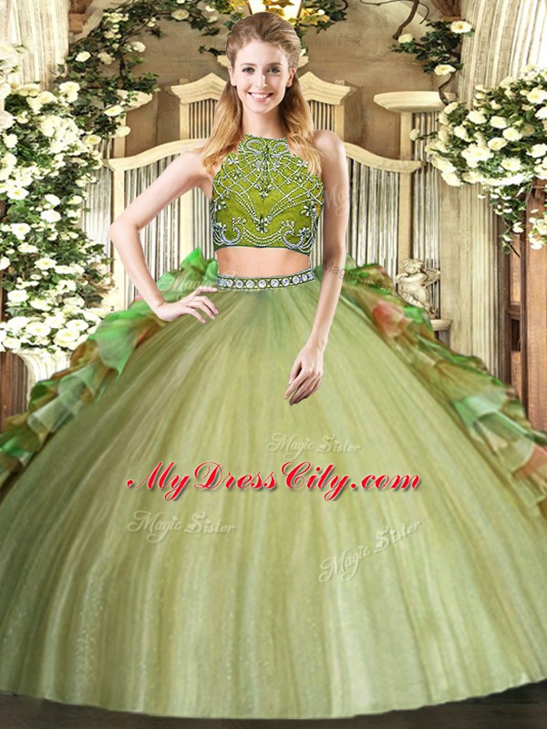 High-neck Sleeveless Zipper Ball Gown Prom Dress Olive Green Tulle