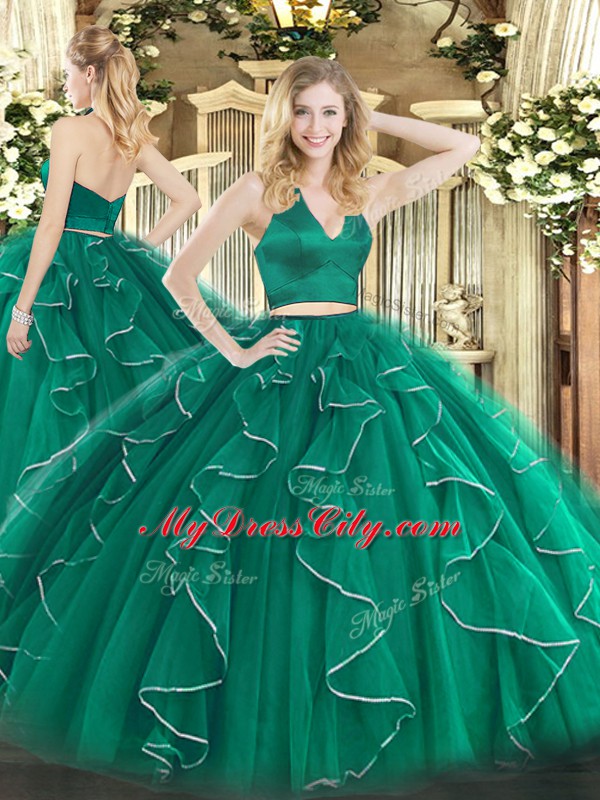 Perfect Dark Green Halter Top Zipper Ruffles Sweet 16 Dresses Sleeveless